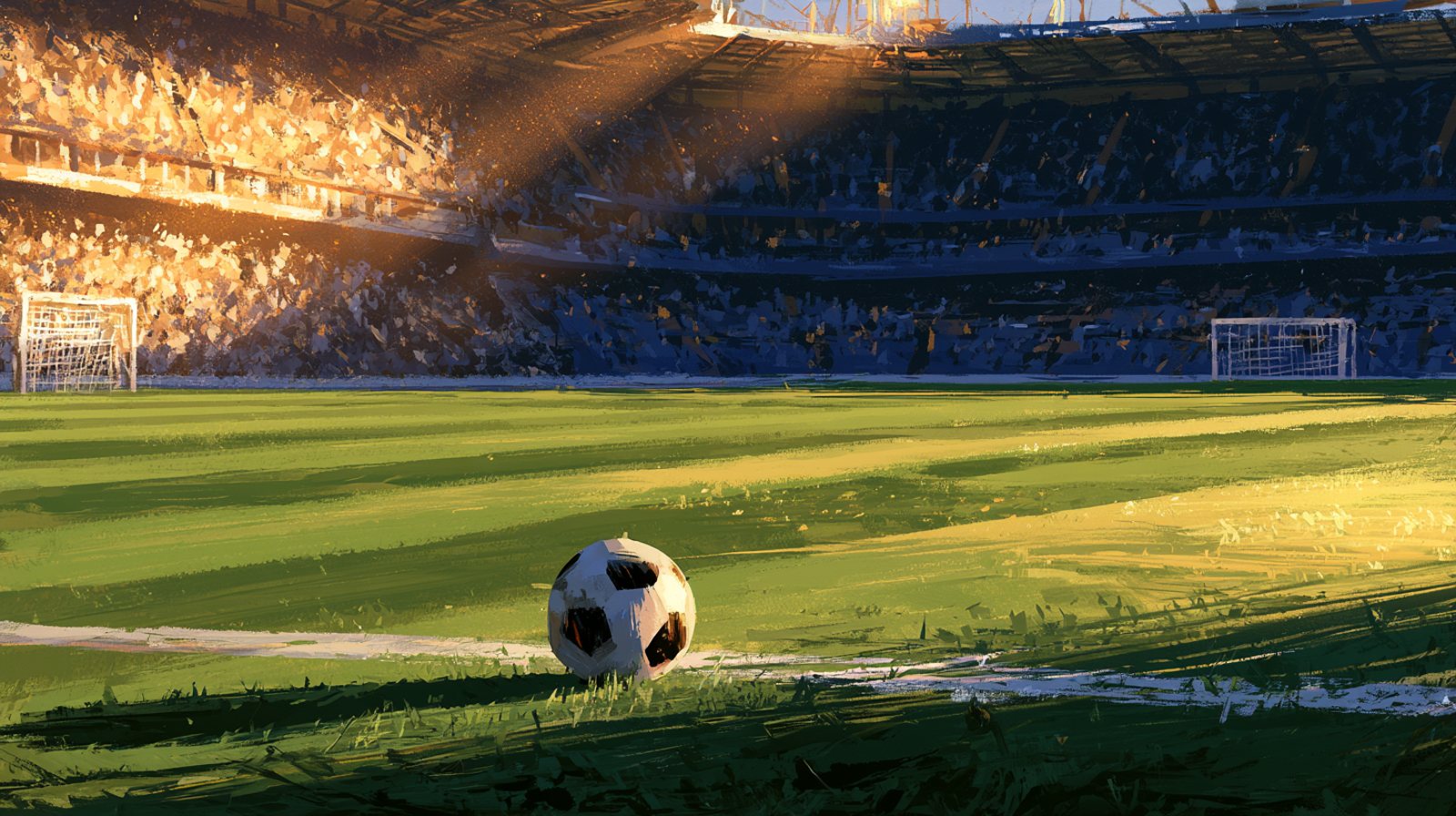 bola de futebol solitária no círculo central de um estádio vazio ao amanhecer, metade do estádio na luz dourada e metade na sombra azul
