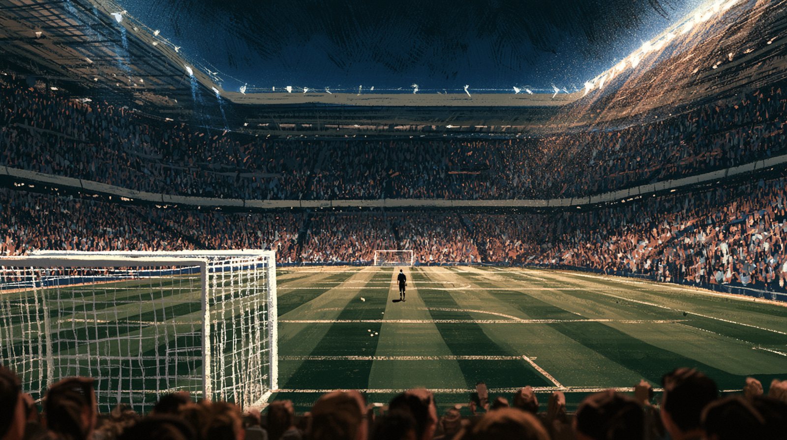 estádio lotado à noite, visto de trás do gol, com um árbitro sozinho no círculo central sob a luz dos refletores
